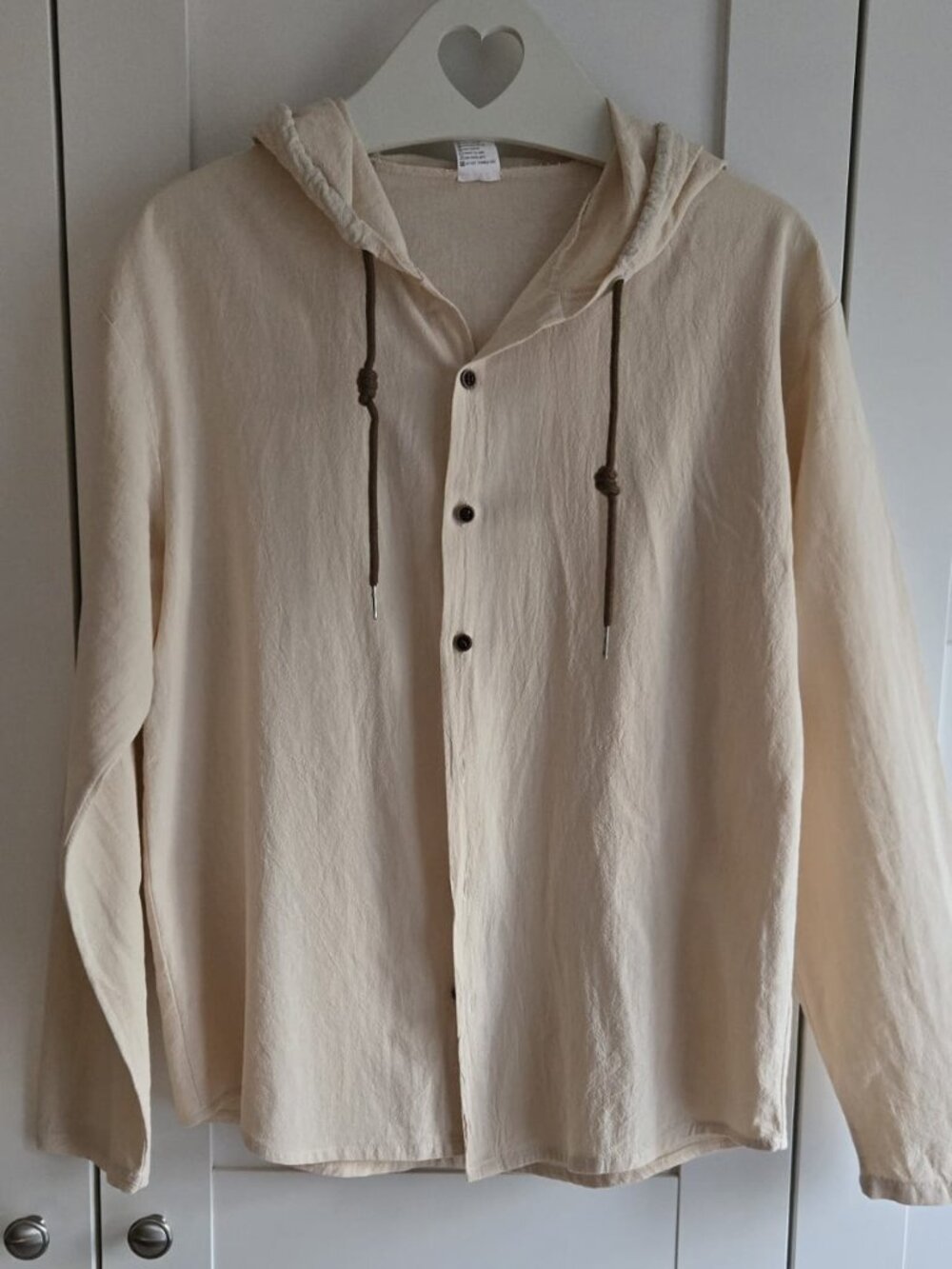 100% Cotton Men's Cream Hooded Button Front Shirt Size S Relaxed Fit PTP21